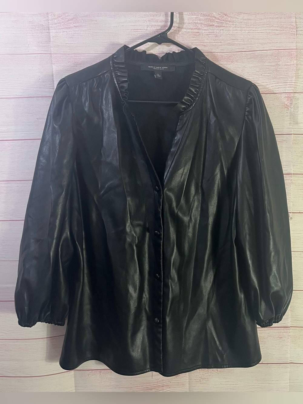 Marc New York Andrew Marc Black Button Front Faux Leather Puff Sleeve Blouse L